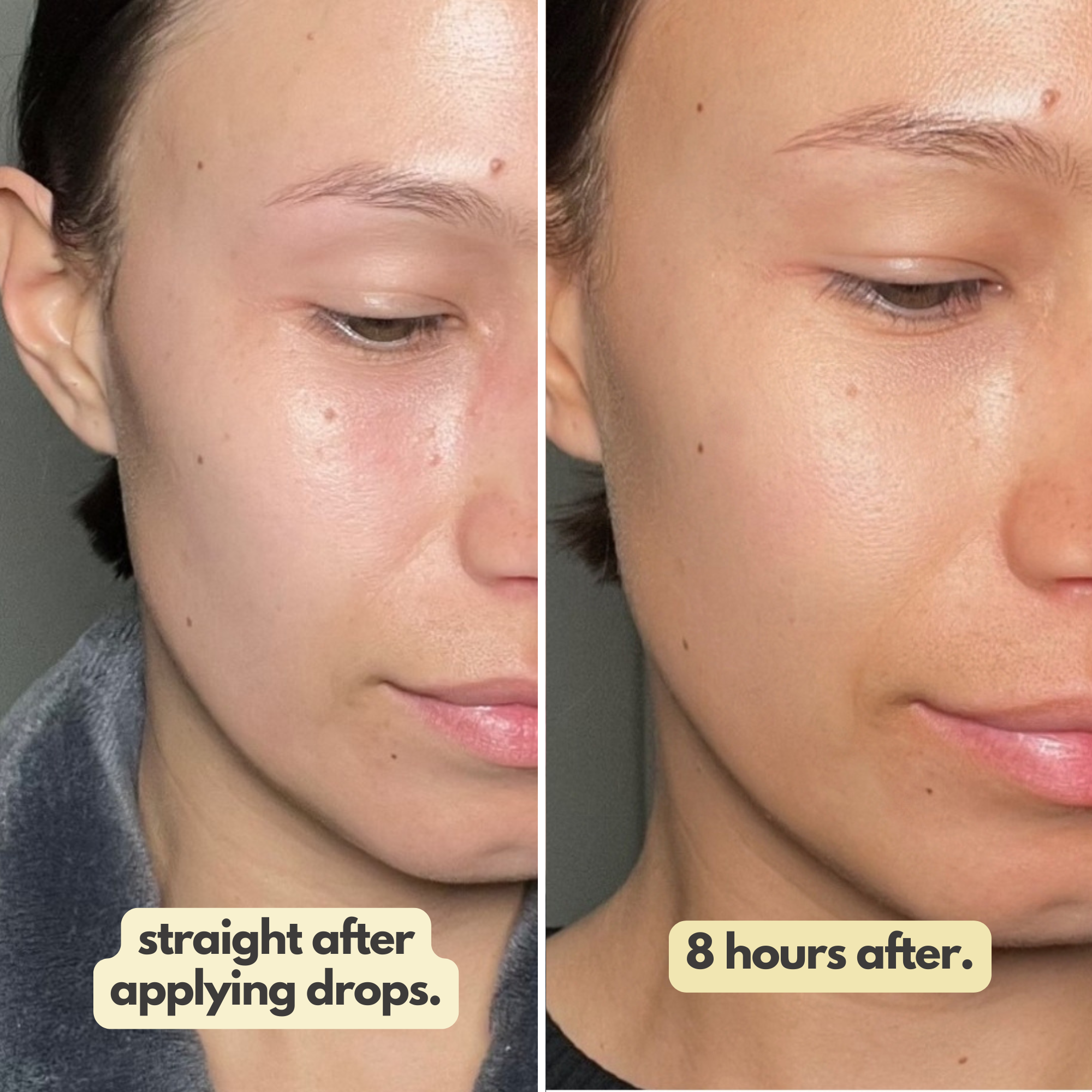 Before and after results showing hydrated, glowing skin after applying Ohh My Glo Anti-Ageing Glo Drops