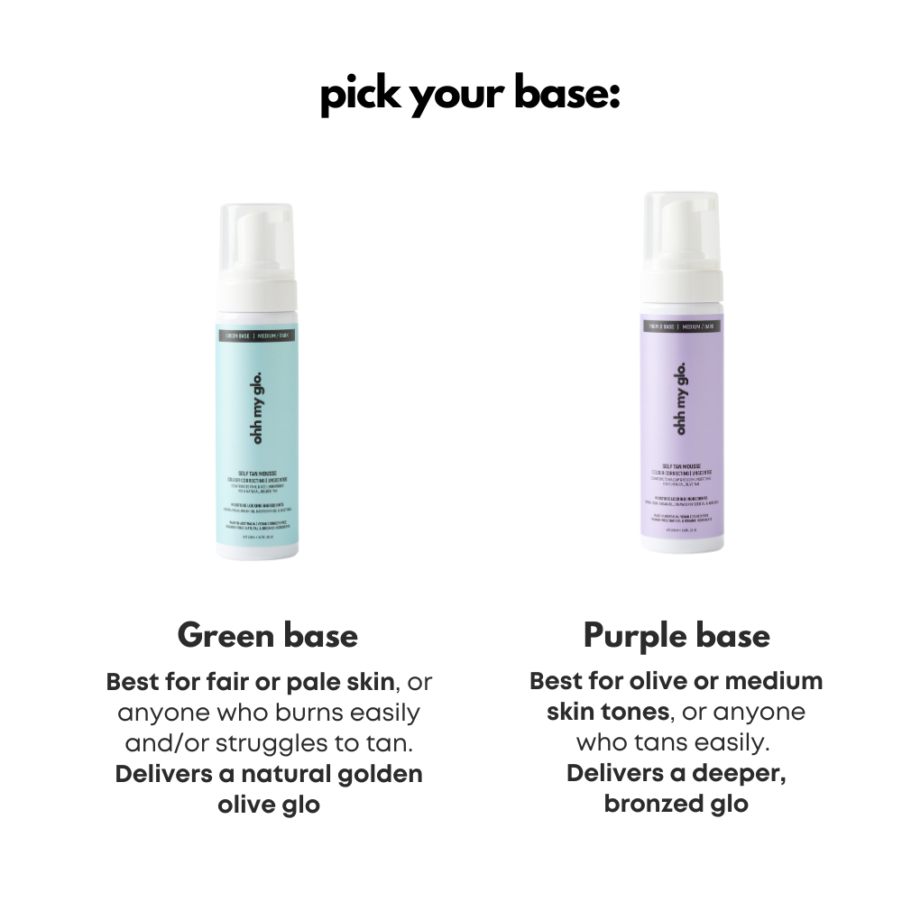 Green base and purple base Ohh My Glo self tan mousse options showing undertone guidance