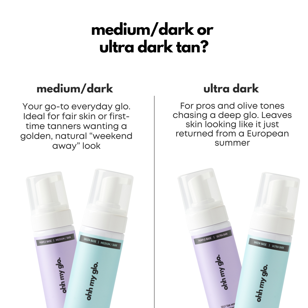 Ohh My Glo Medium Dark and Ultra Dark self tan mousse comparison showing tone depth and finish
