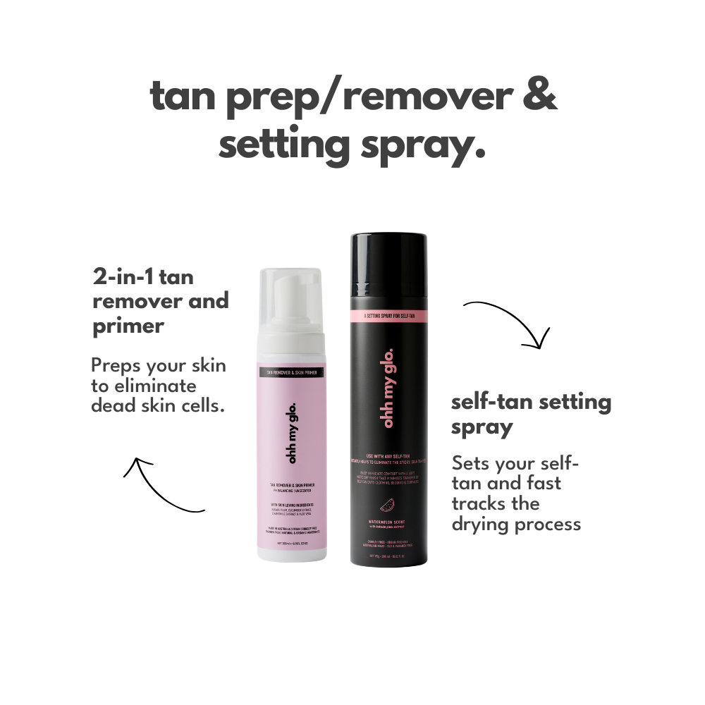 Ohh My Glo Tan Remover and Self Tan Setting Spray shown together for tan prep and finishing steps