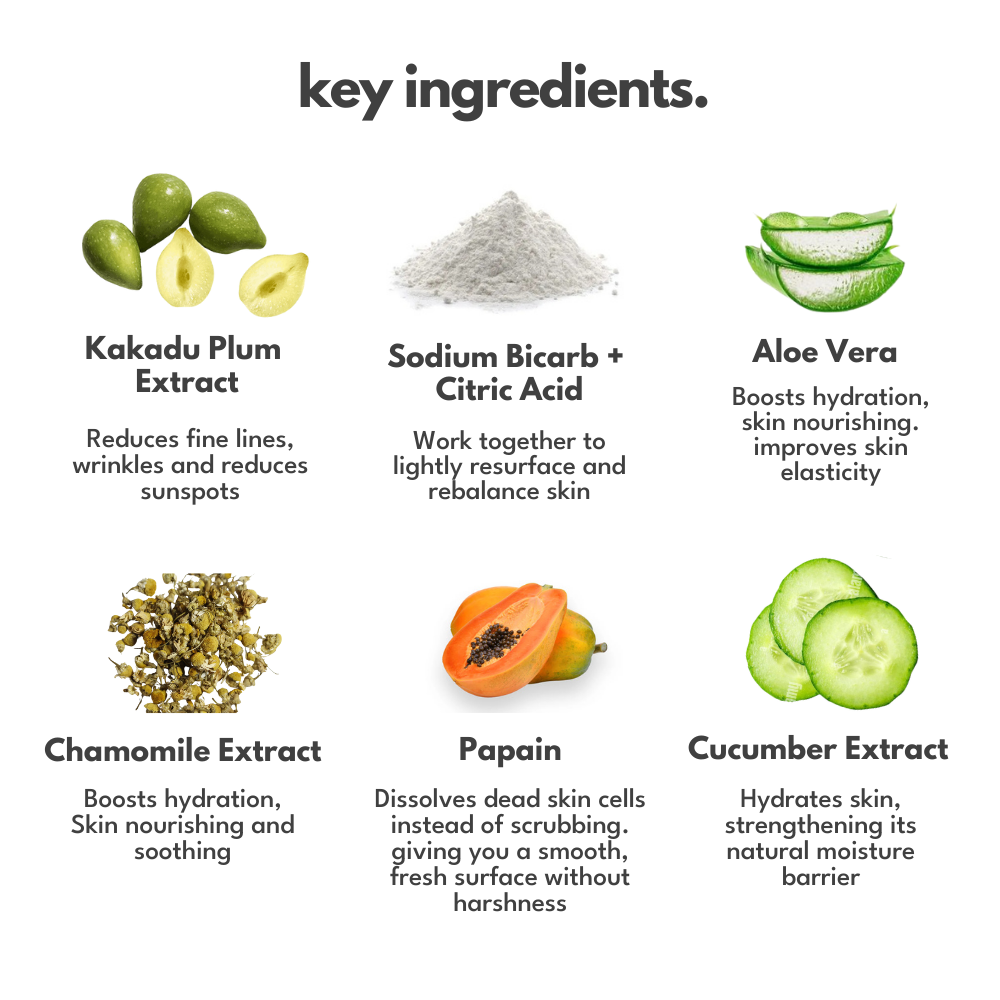 Ohh My Glo Tan Remover key ingredients including Kakadu Plum, Aloe Vera, Chamomile, and Cucumber