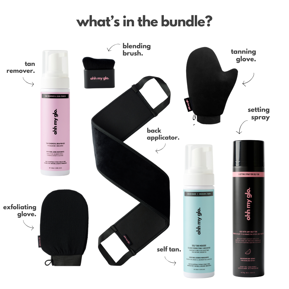 Ohh My Glo Ultimate Tanning Bundle contents showing tanning mitt, back applicator, self tan mousse, and setting spray