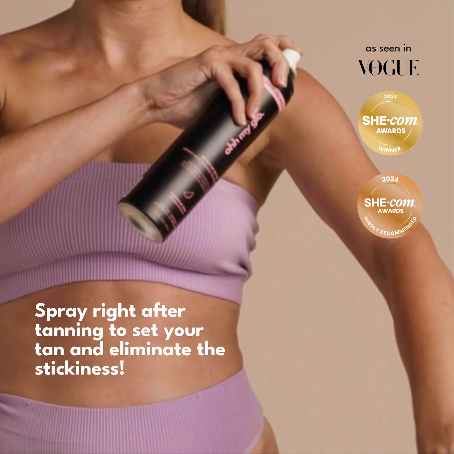 Model using Ohh My Glo Self Tan Setting Spray on body for instant dry, transfer-proof finish