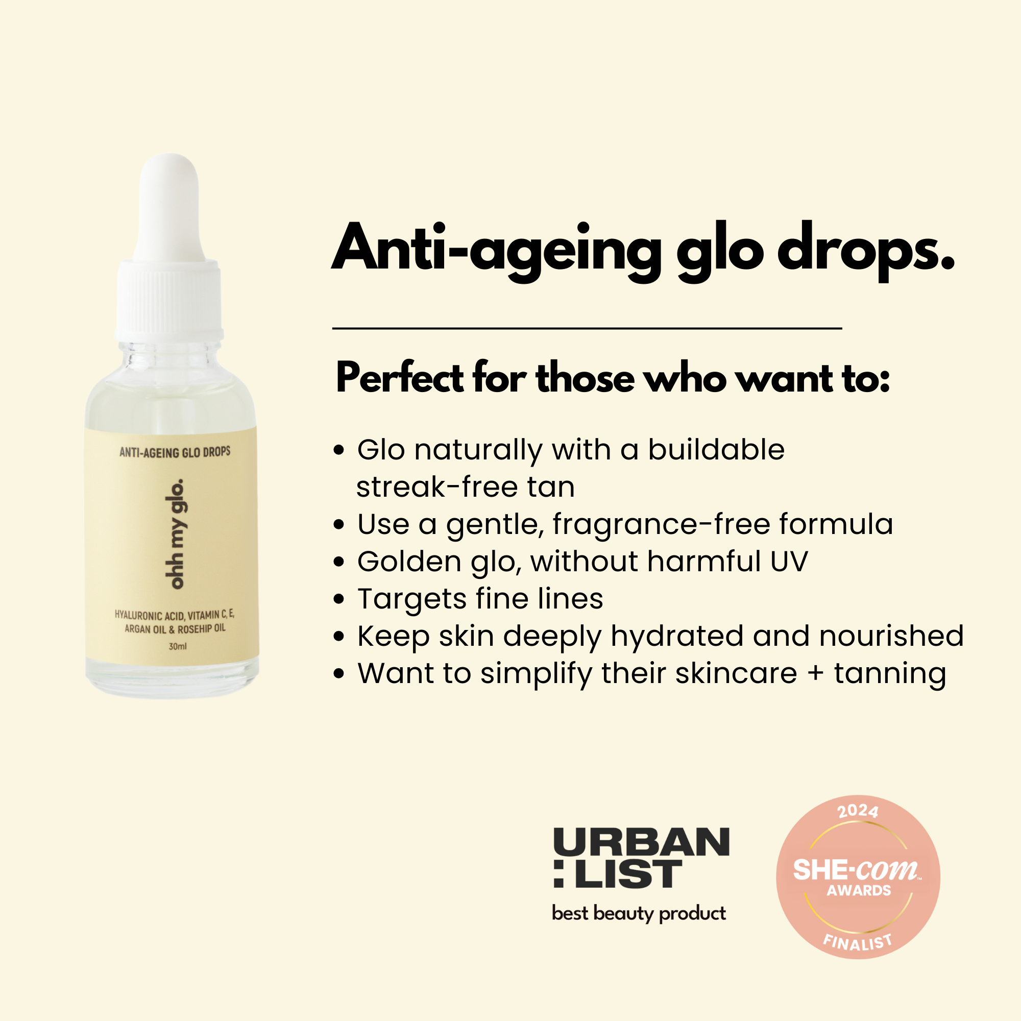Anti-ageing glo drops product with benefits listed on a white background