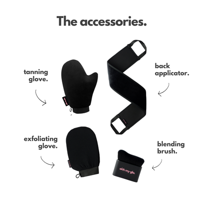 Ohh My Glo accessories bundle graphic showing back applicator, tanning mitt, exfoliating glove, and blending brush