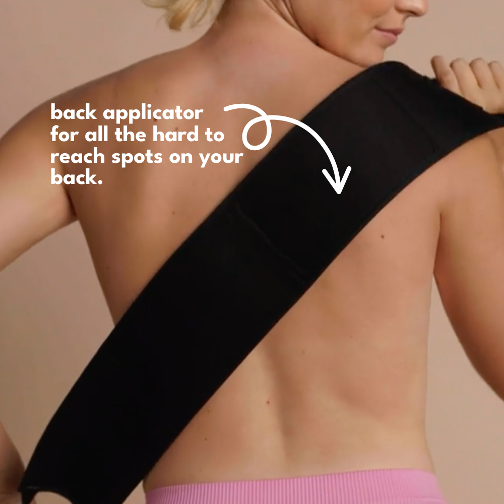 Woman using Ohh My Glo Back Tan Applicator to apply self tan evenly on back