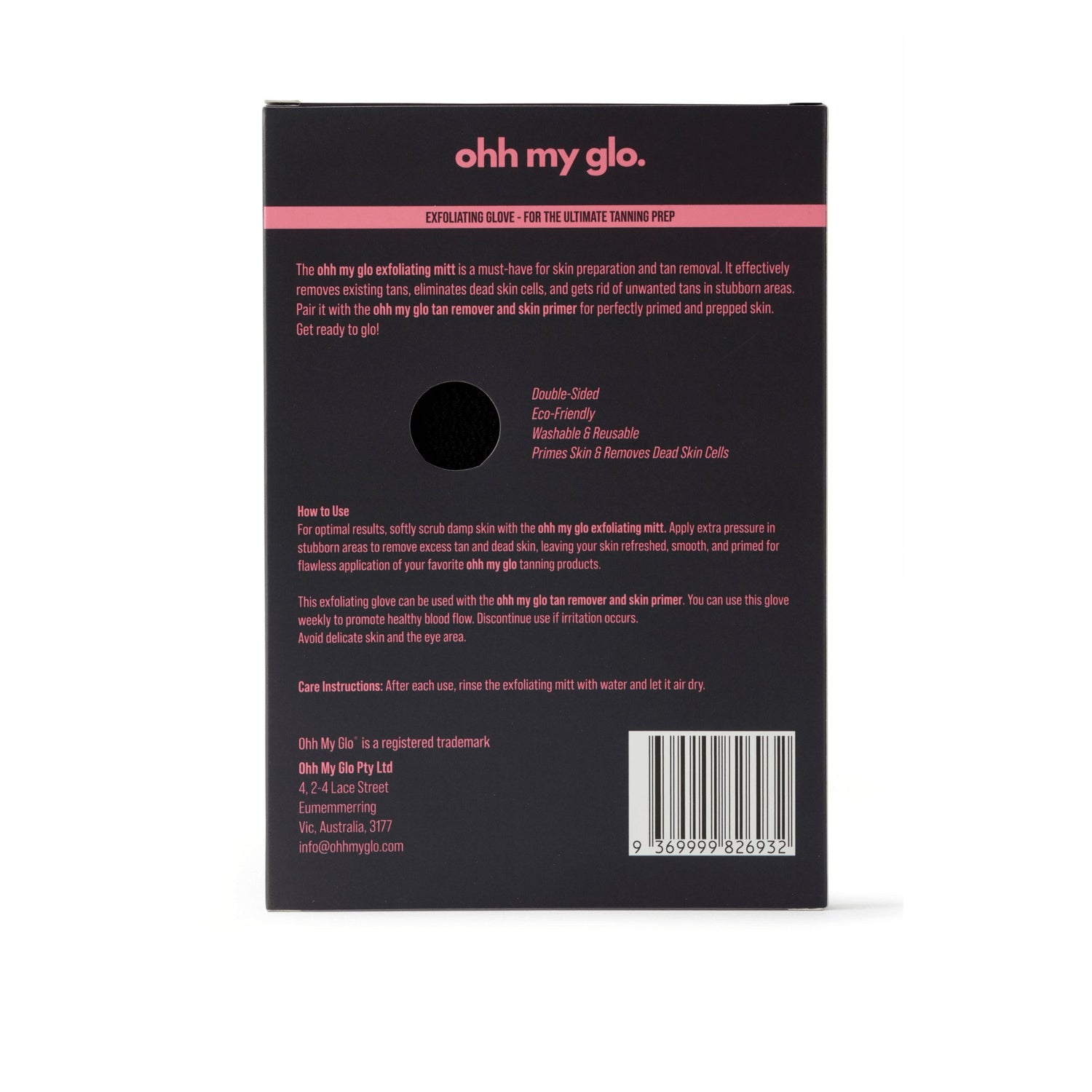 Ohh My Glo Exfoliating Glove packaging back showing product details and barcode