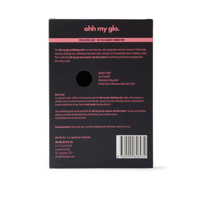 Ohh My Glo Exfoliating Glove packaging back showing product details and barcode