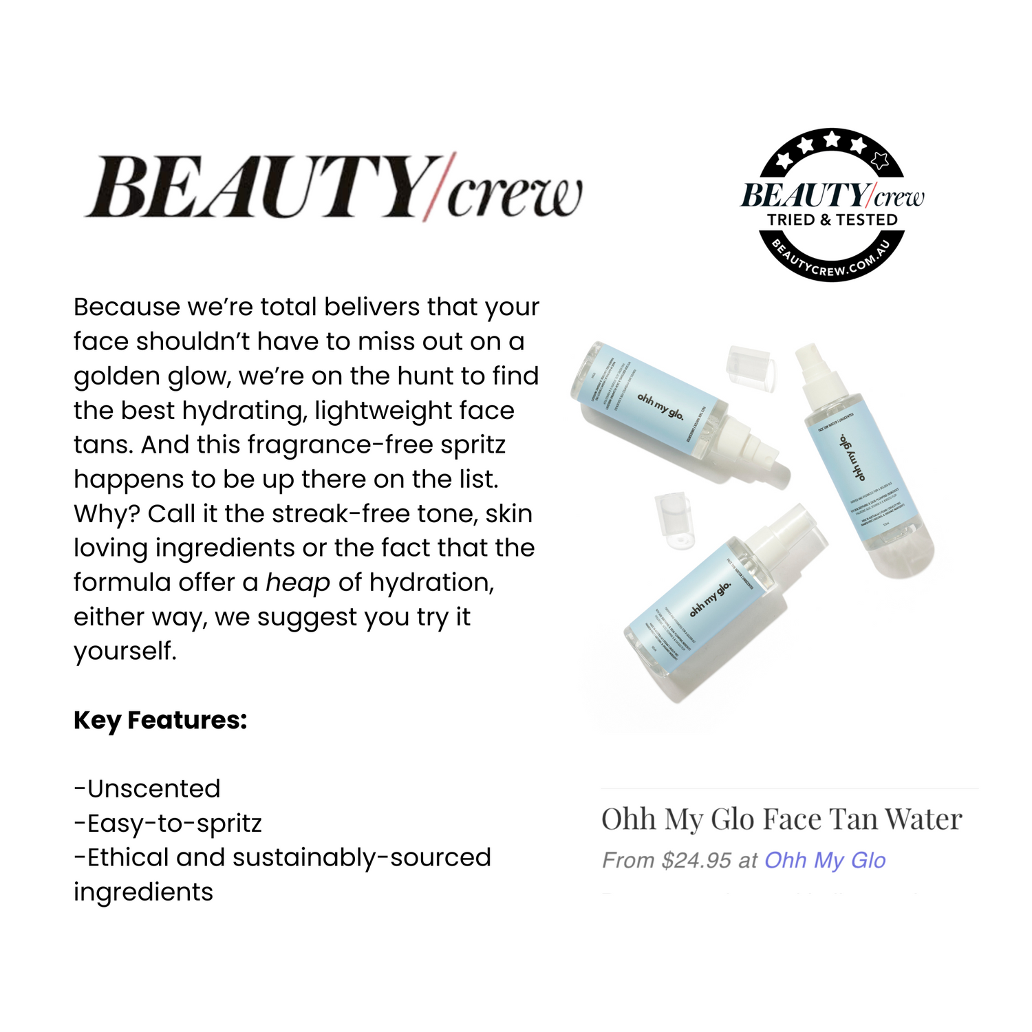 Beauty Crew feature showcasing Ohh My Glo Face Tan Water among best self-tanning products
