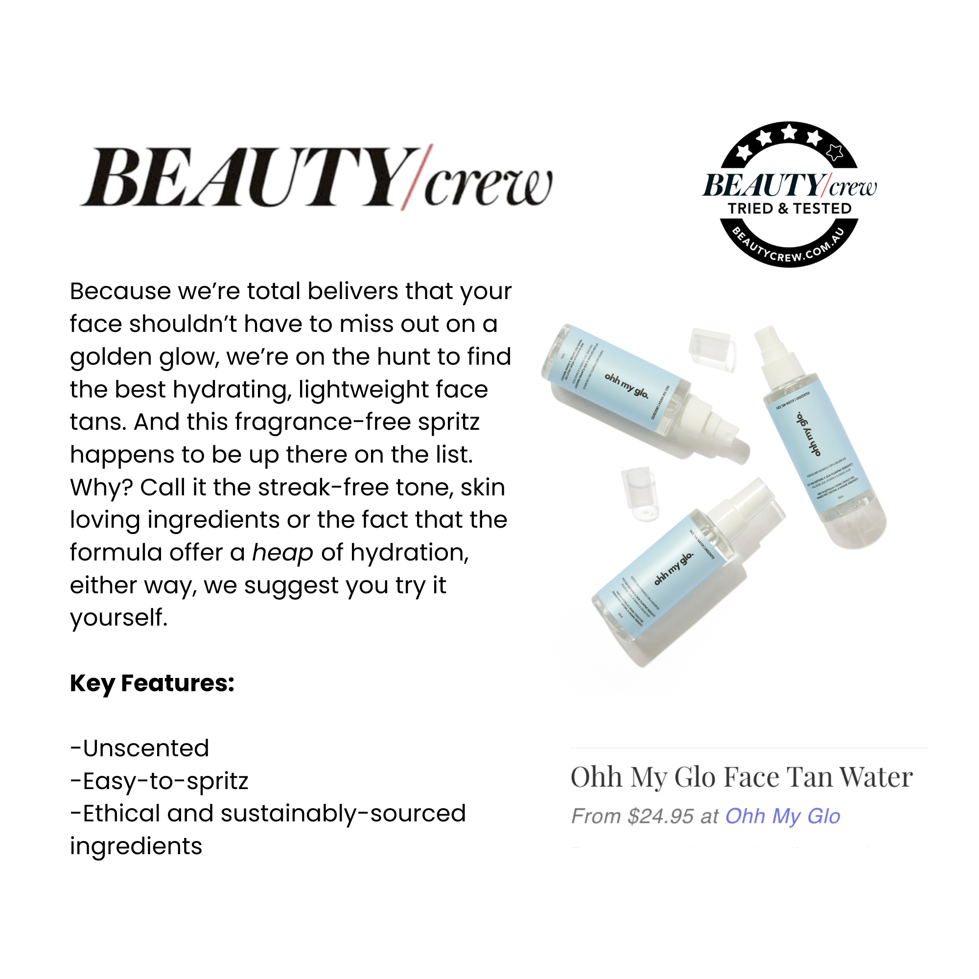 Beauty Crew feature showcasing Ohh My Glo Face Tan Water among best self-tanning products