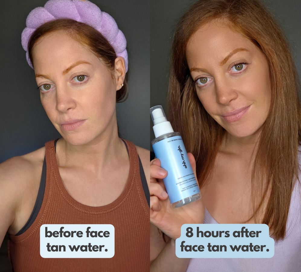Models showing before and after results using Ohh My Glo Face Tan Water
