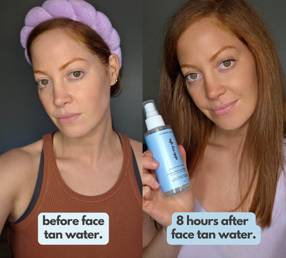 Models showing before and after results using Ohh My Glo Face Tan Water