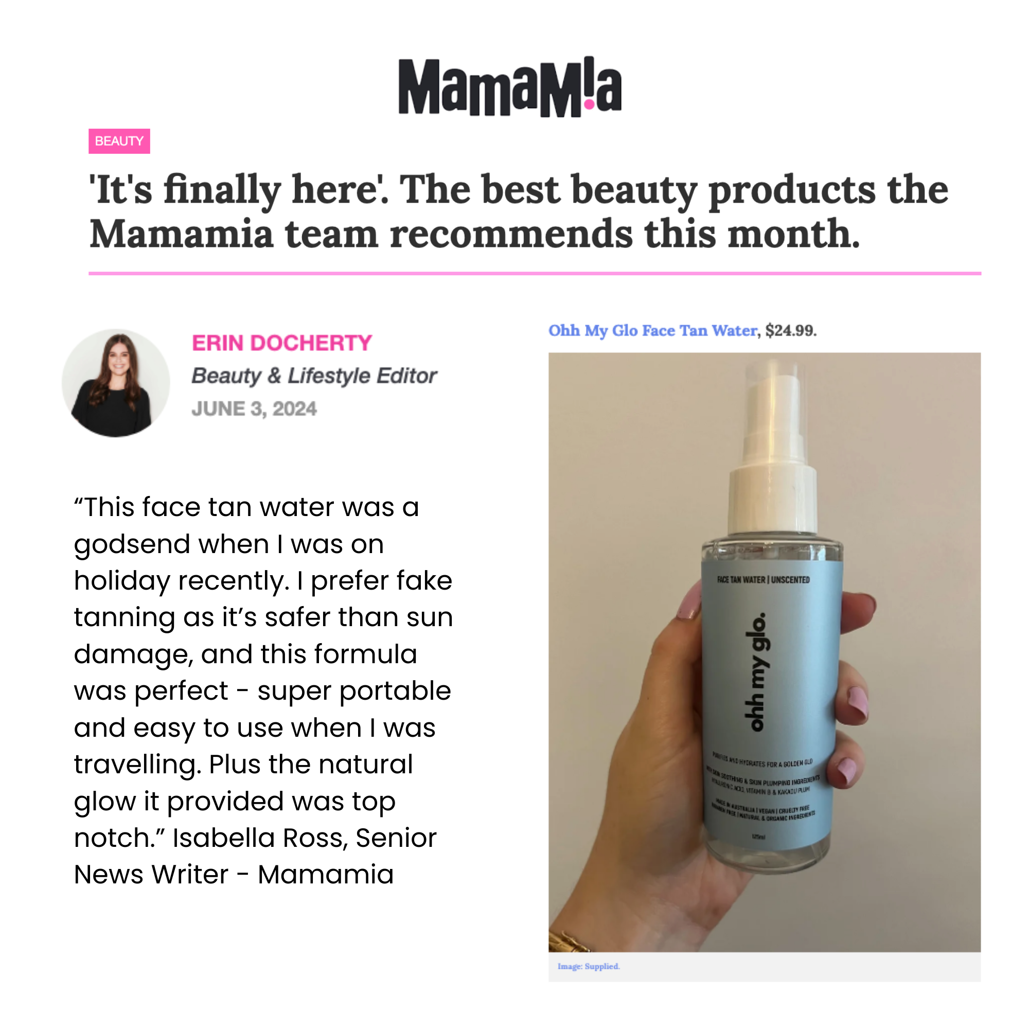 Mamamia feature highlighting Ohh My Glo Face Tan Water as top beauty product