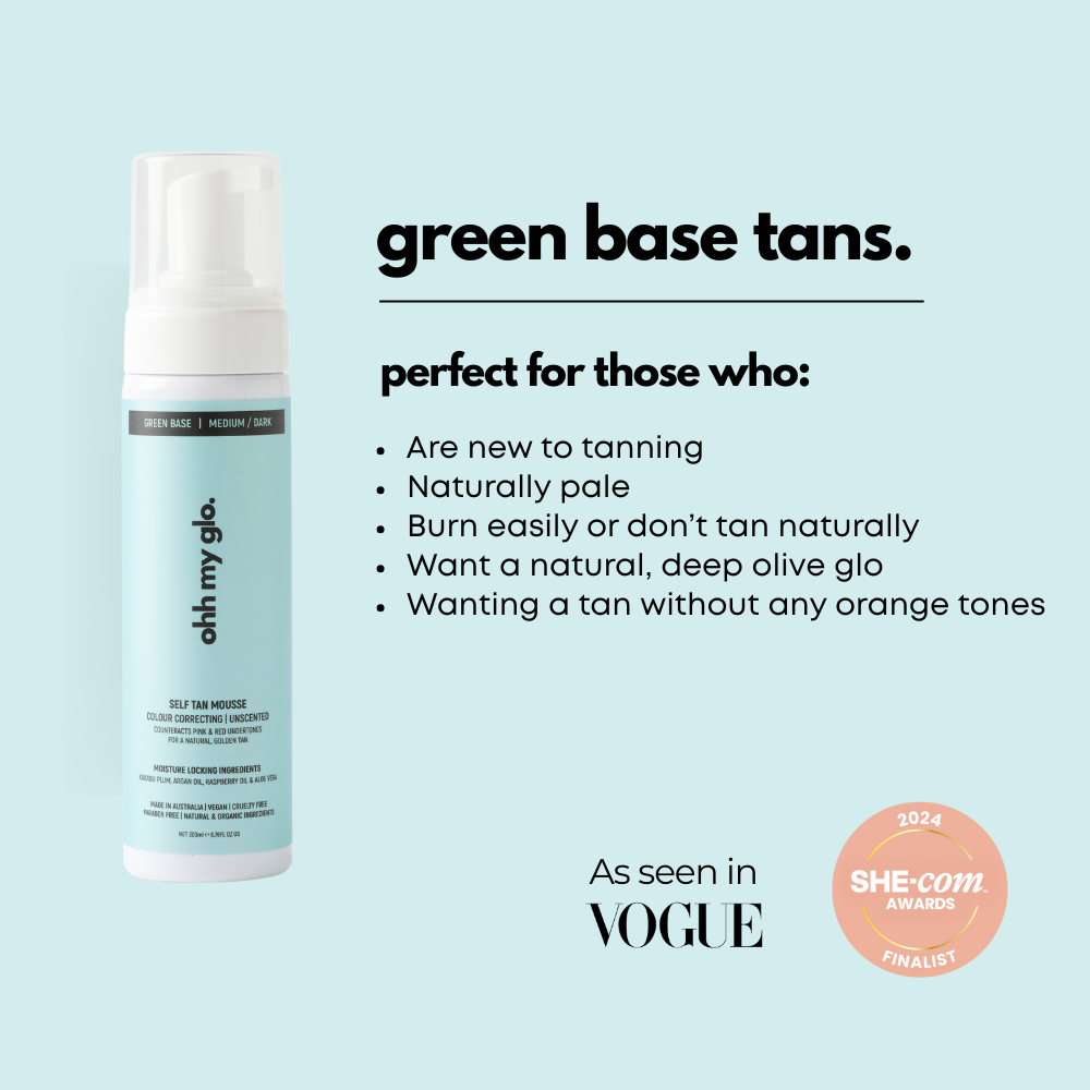 Ohh My Glo Green Base Tan information tile explaining who it’s best suited for