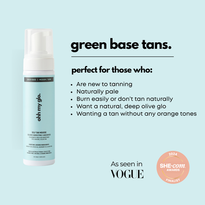 Ohh My Glo Green Base Tan information tile explaining who it’s best suited for