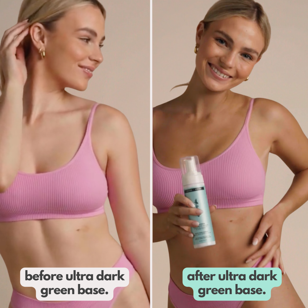Before and after results showing Ohh My Glo Green Base Ultra Dark Self Tan Mousse