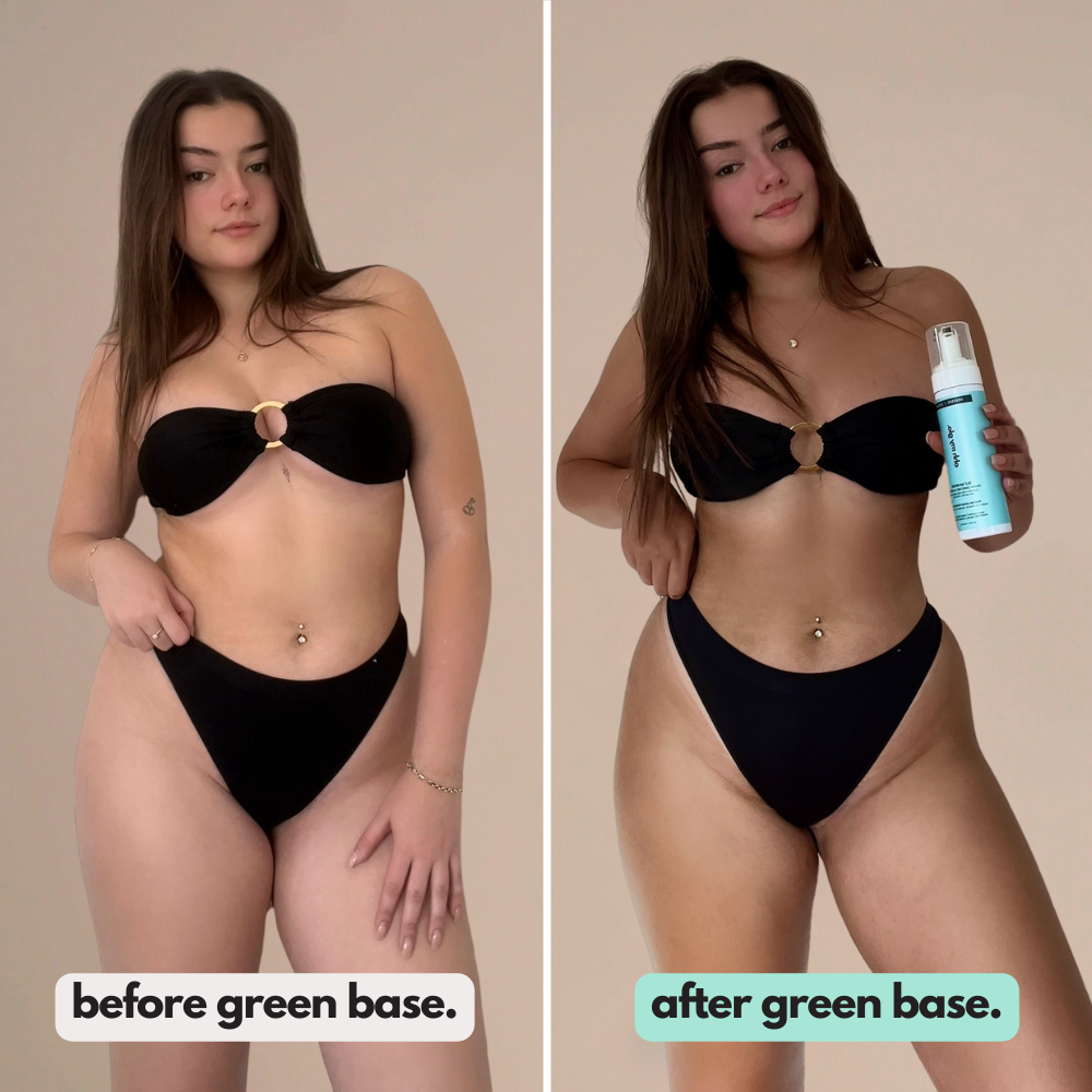 Before and after results showing Ohh My Glo Medium Dark Green Base Self Tan