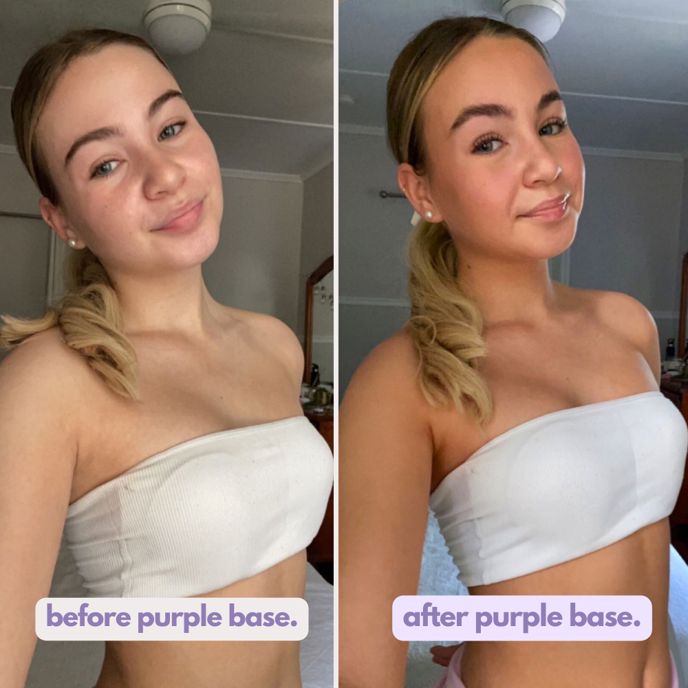 Before and after results showing Ohh My Glo Medium Dark Purple Base Self Tan