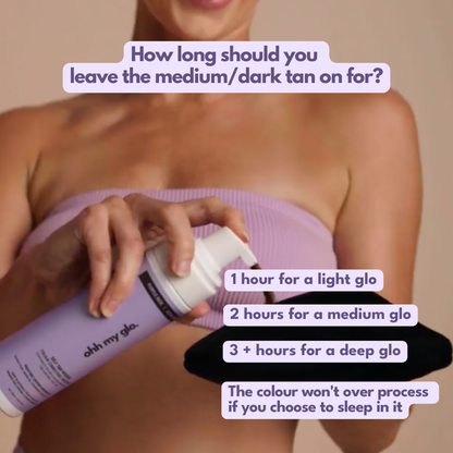 Guide showing how long to leave Ohh My Glo Medium Dark Purple Base Tan on for desired depth