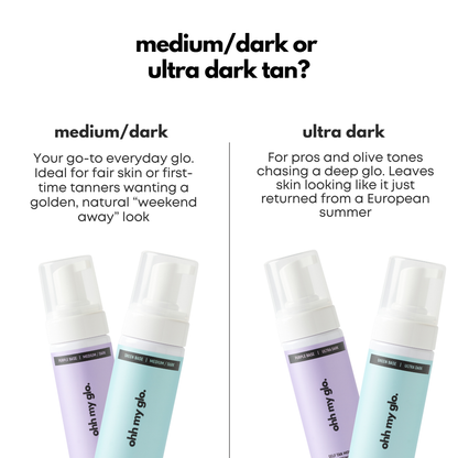 Ohh My Glo Medium Dark and Ultra Dark self tan mousse comparison showing tone depth and finish