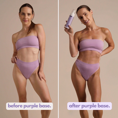 Model applying Ohh My Glo Purple Base Tan Mousse using tanning mitt