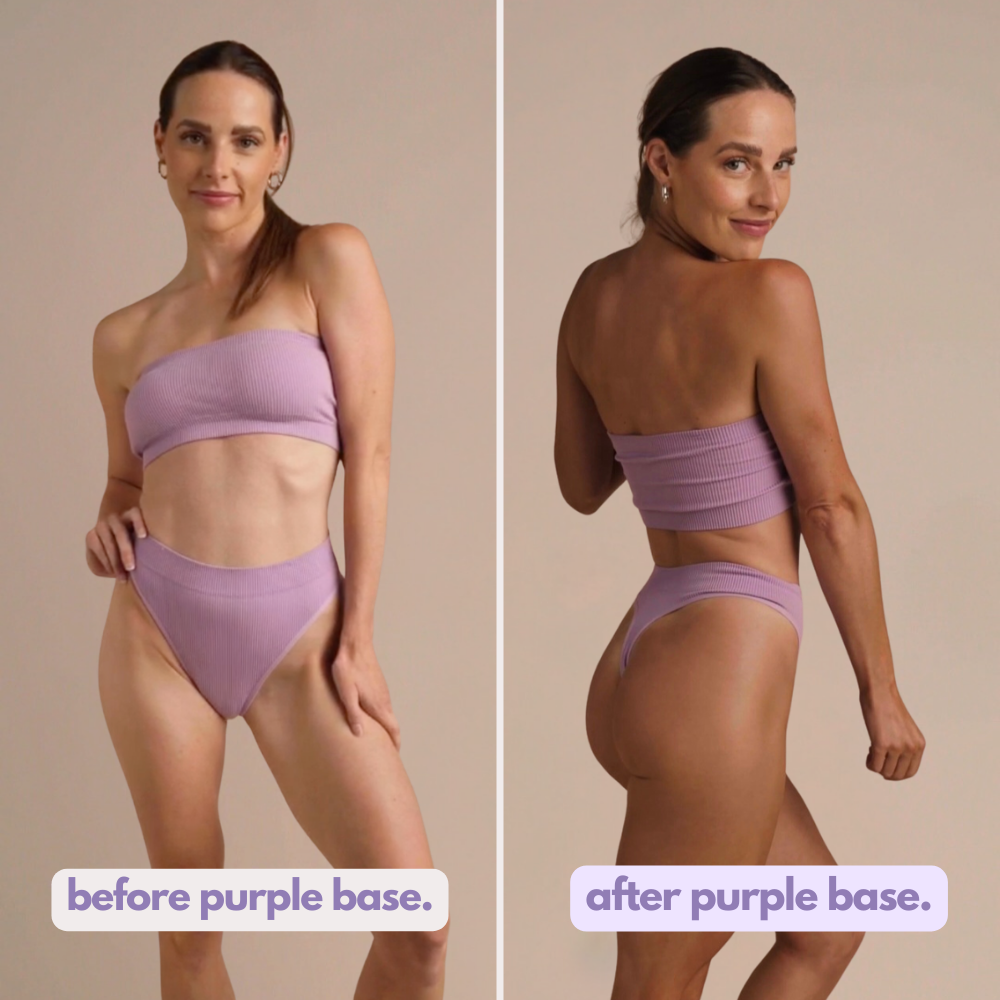 Before and after results showing Ohh My Glo Ultra Dark Purple Base Self Tan