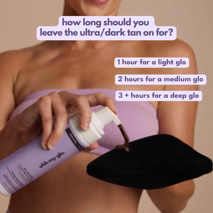 Ohh My Glo Ultra Dark Purple Base Tan guide showing how long to leave on for desired shade