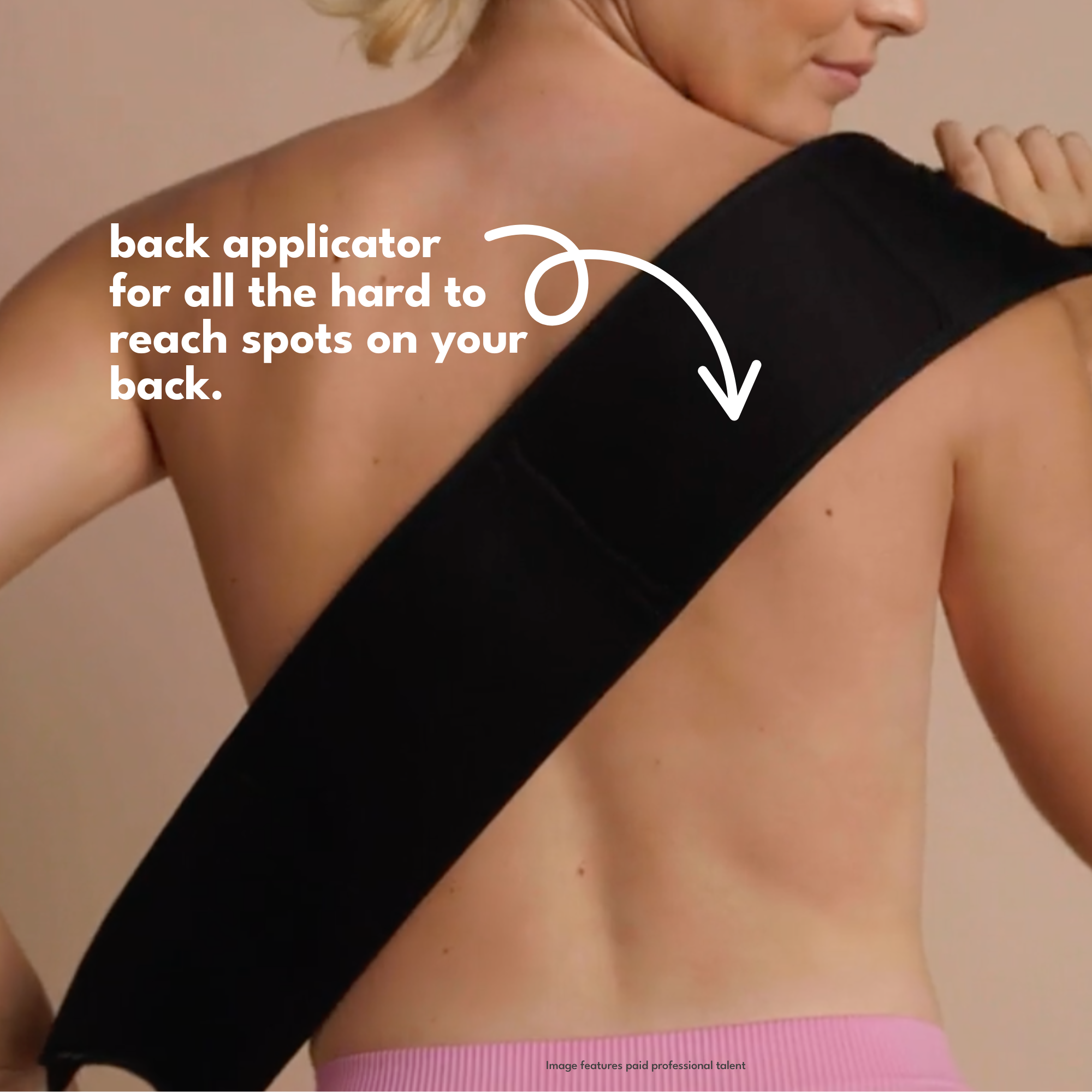 Model using Ohh My Glo self tan back applicator for easy tan application on hard-to-reach areas