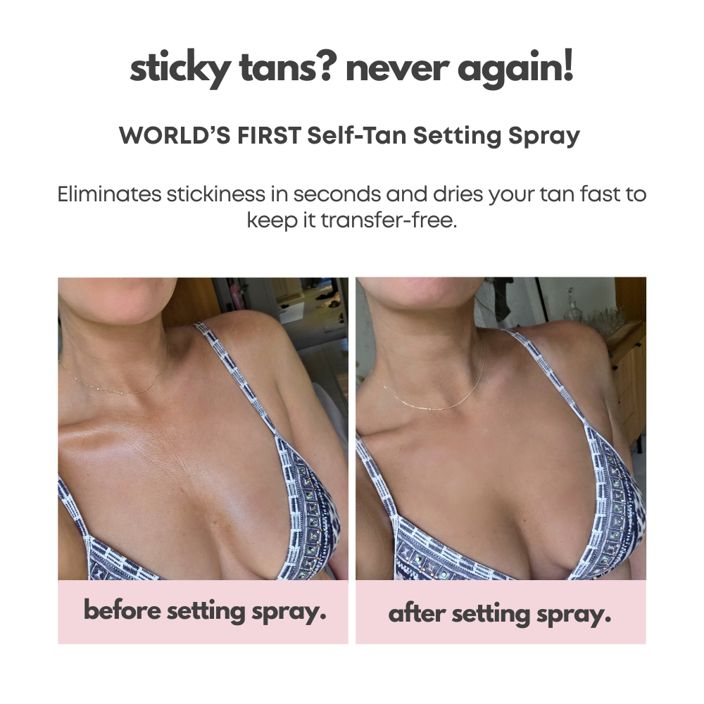 Before and after results showing sticky tan versus smooth dry finish after using Ohh My Glo Self Tan Setting Spray