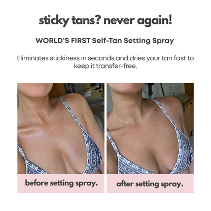 Before and after results showing sticky tan versus smooth dry finish after using Ohh My Glo Self Tan Setting Spray