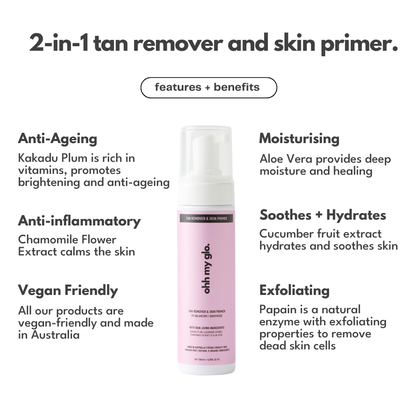 Ohh My Glo Tan Remover and Skin Primer features and benefits infographic