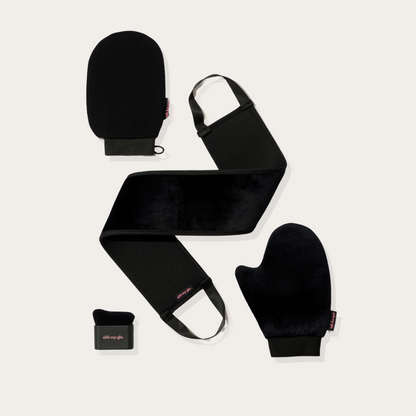 Ohh My Glo tanning accessories bundle including tanning mitt, back applicator, exfoliating glove, and blending brush