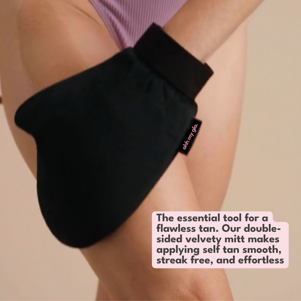 Ohh My Glo Tanning Mitt shown applying self-tan evenly on arm