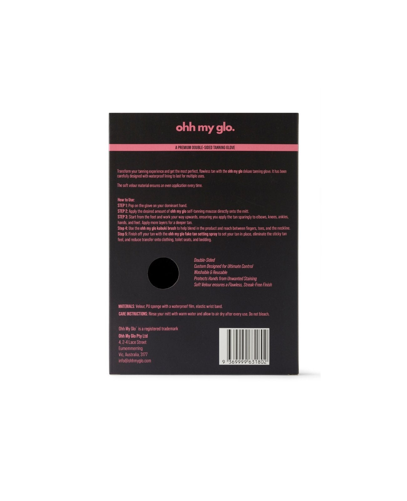Ohh My Glo Tanning Mitt packaging back with product details