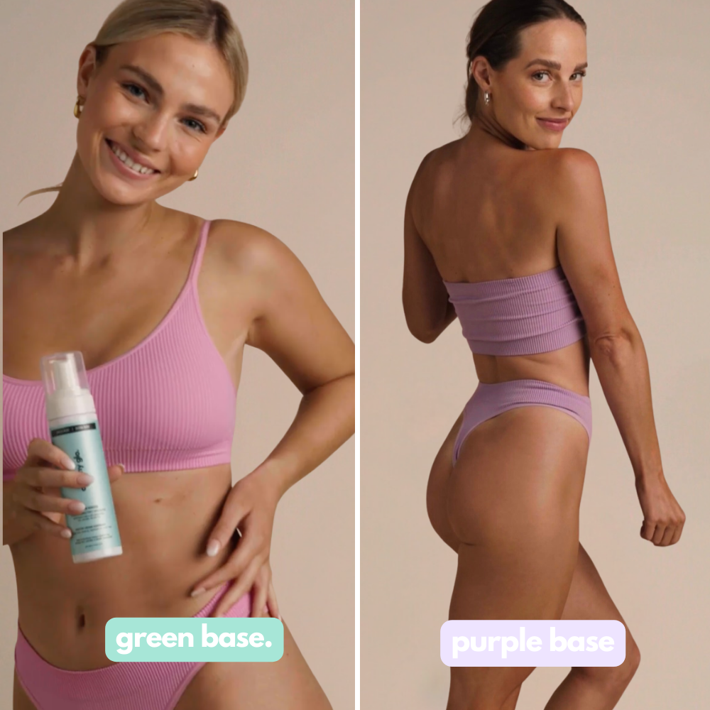 Model holding Ohh My Glo self tan mousse and setting spray showing natural glow from the Ultimate Tanning Bundle