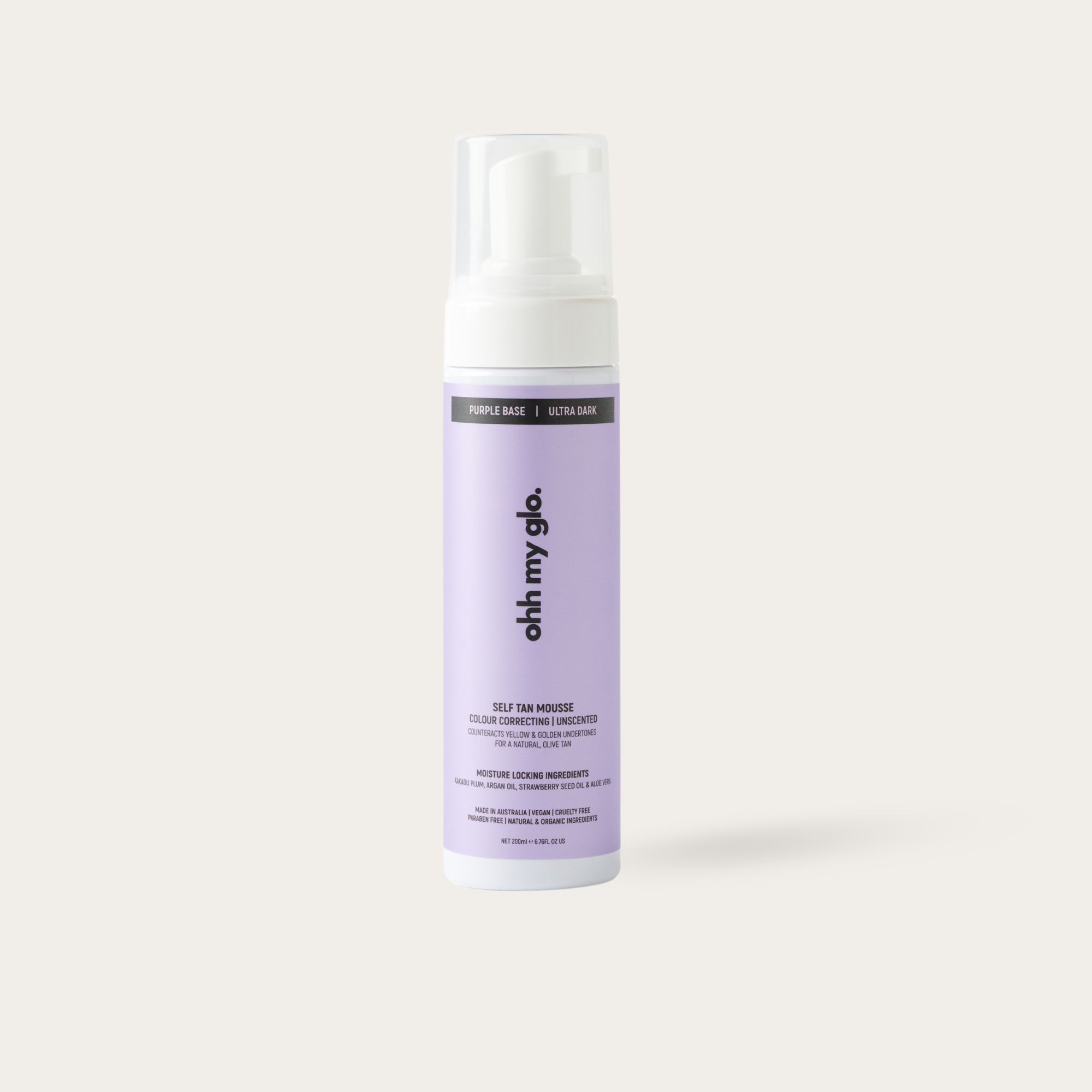 Ohh My Glo Ultra Dark Purple Base Self Tan Mousse product image on beige background