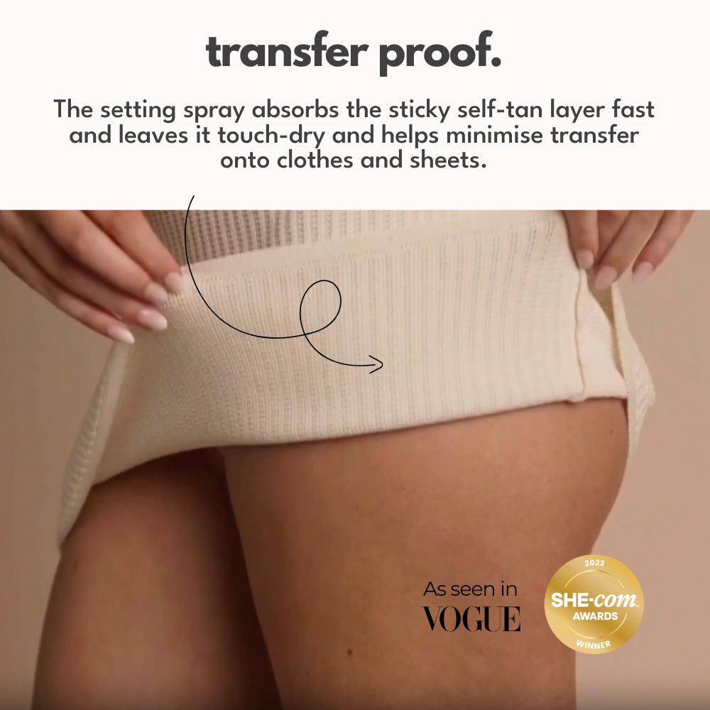 Close-up showing transfer-proof finish after using Ohh My Glo Self Tan Setting Spray on skin