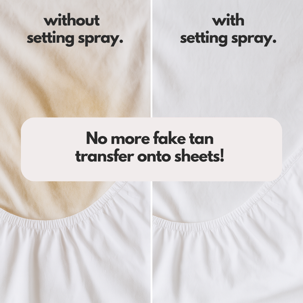 Comparison showing fake tan transfer without setting spray versus transfer-proof results with Ohh My Glo Self Tan Setting Spray
