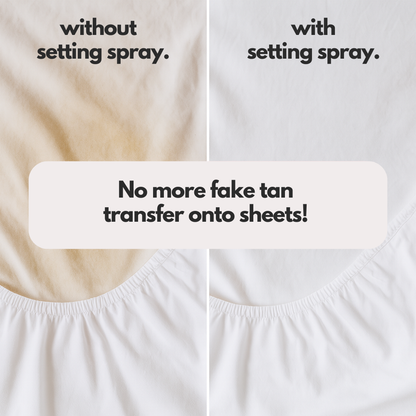 Comparison showing fake tan transfer without setting spray versus transfer-proof results with Ohh My Glo Self Tan Setting Spray
